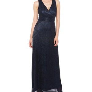Brand new, never worn, navy gown with shimmery, metallic threading.